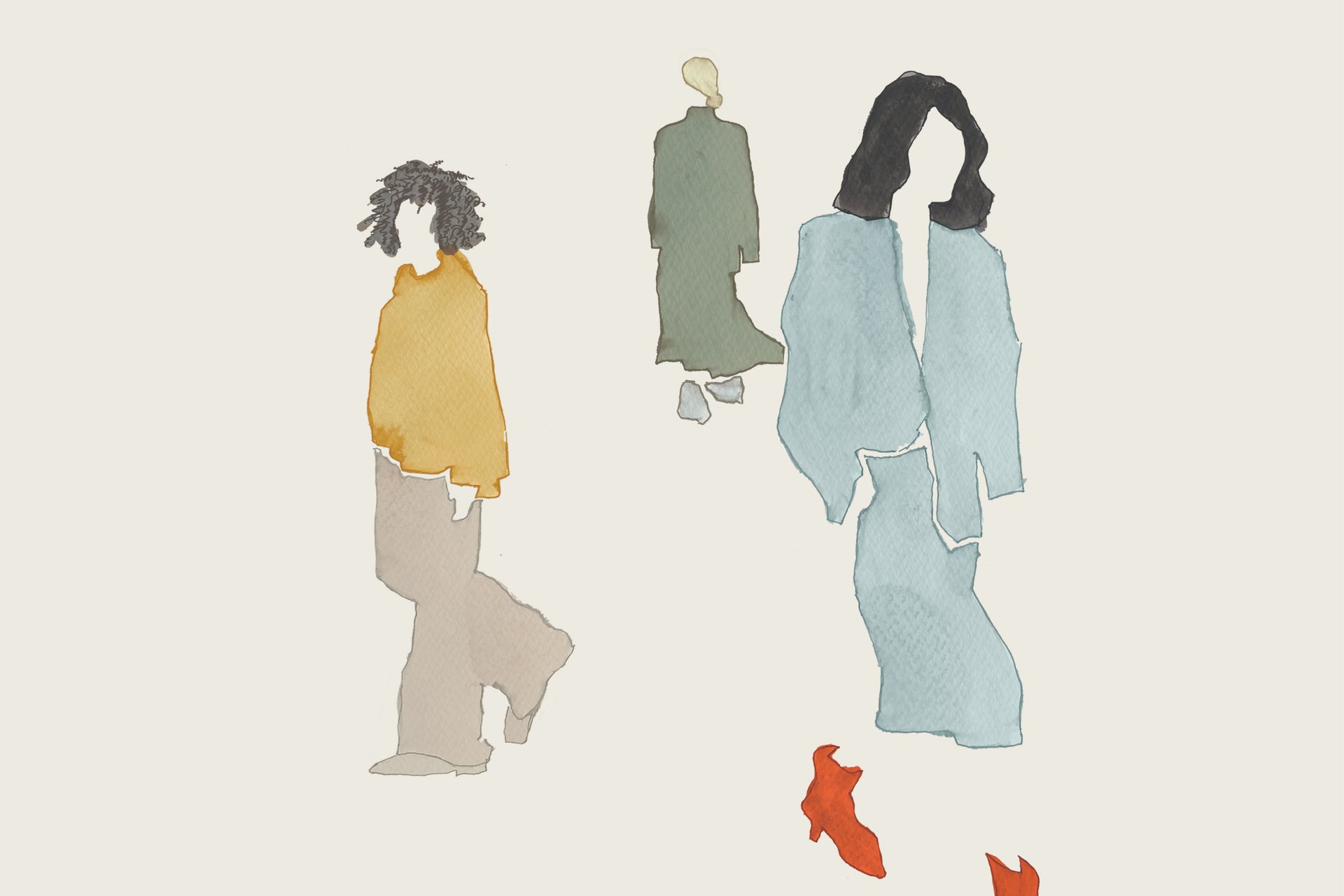 Illustration of three people with different hairstyles and clothing on a light background