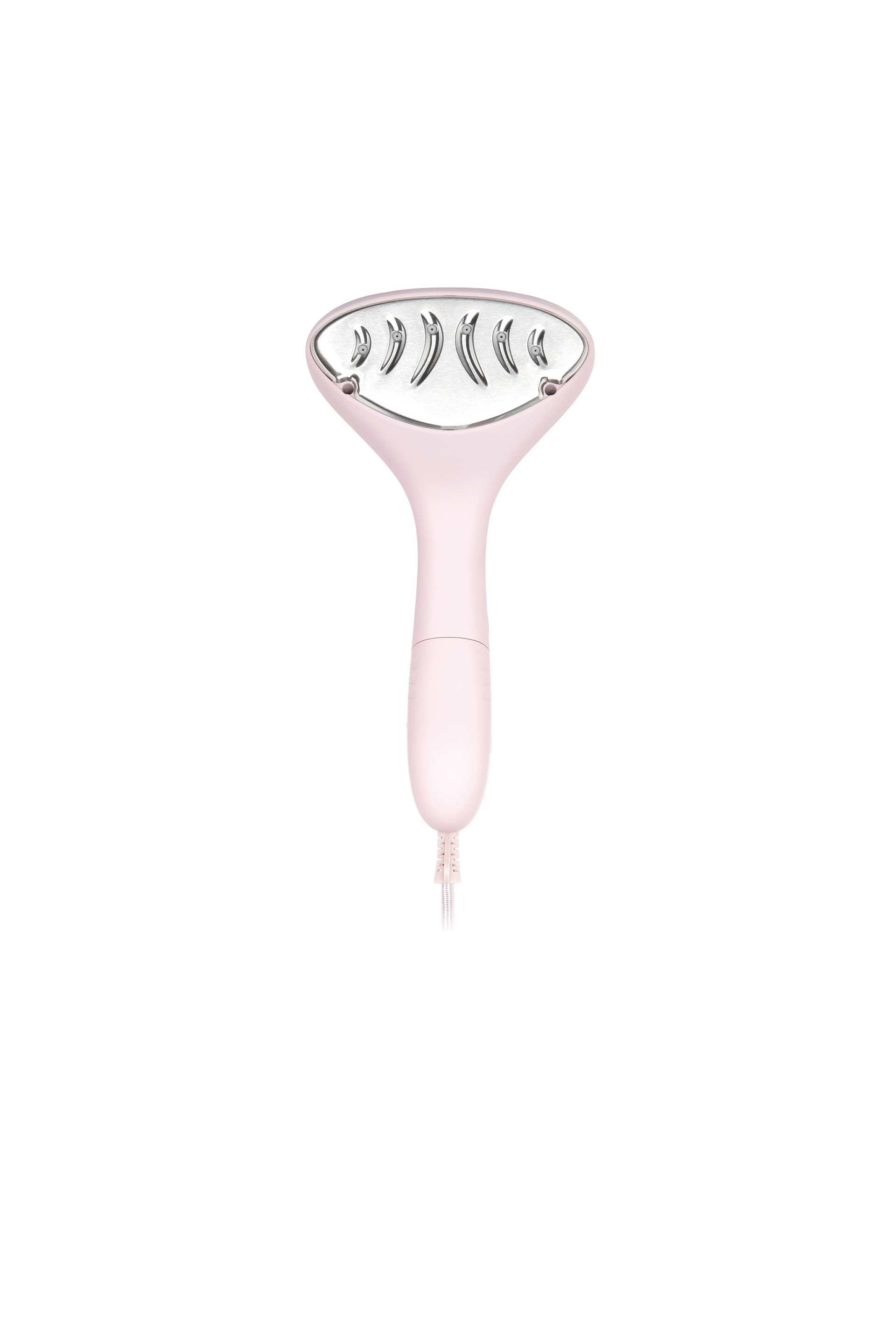 Pink handheld steamer on a white background