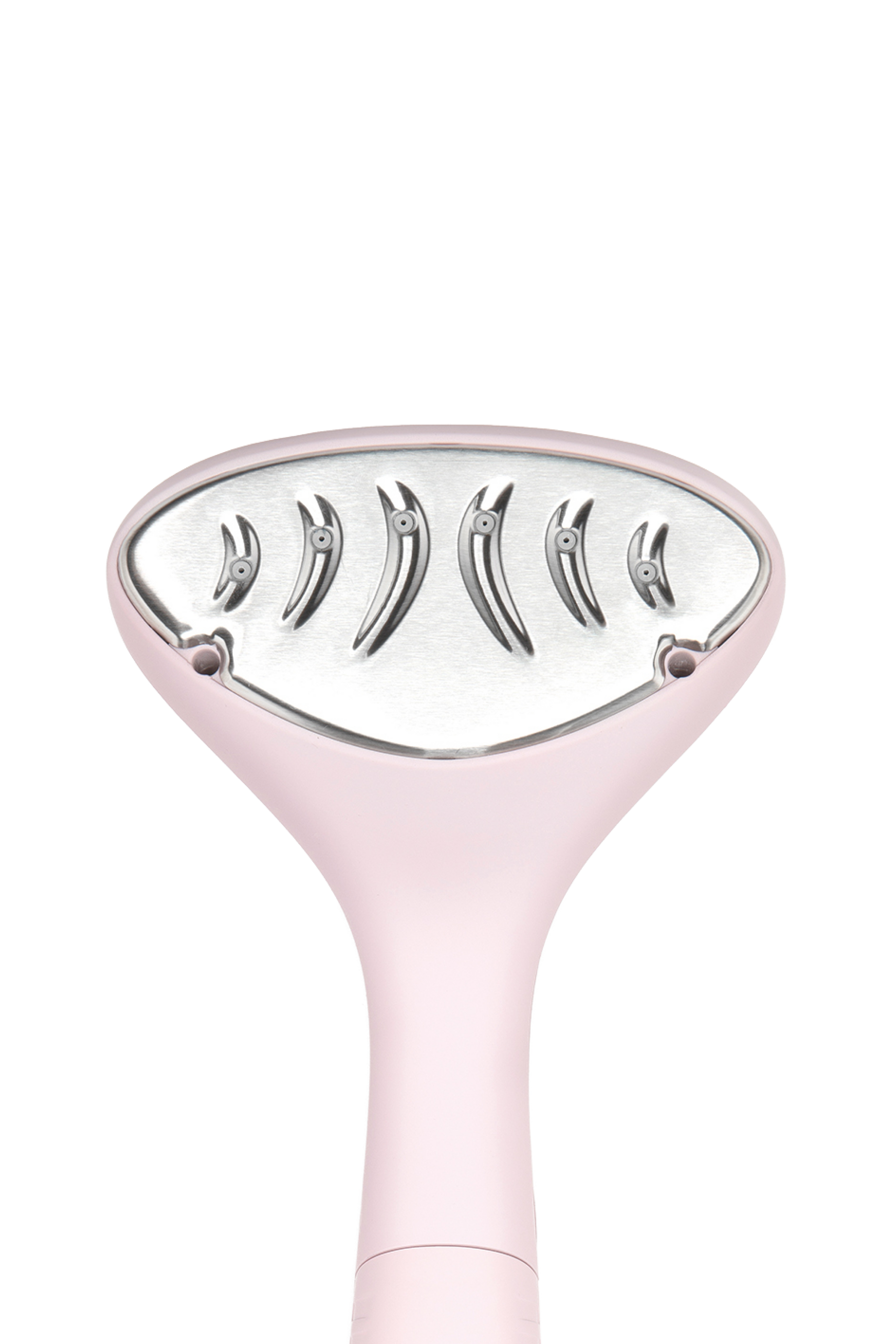 Pink handheld steamer on a white background