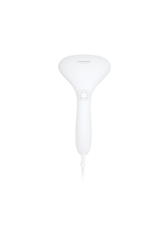 White handheld steamer on a white background