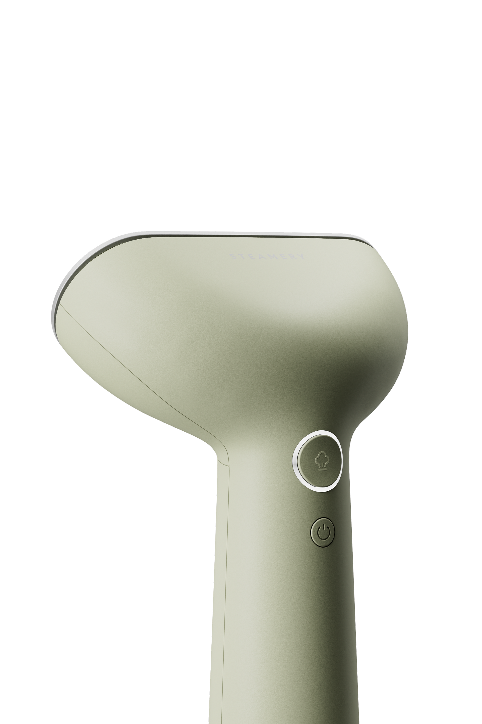 Light green handheld steamer on a white background