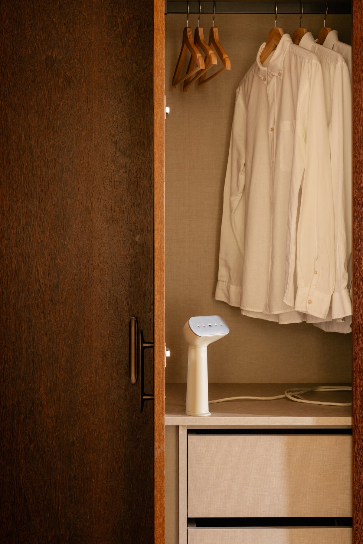 Beige steamer in wardrobe