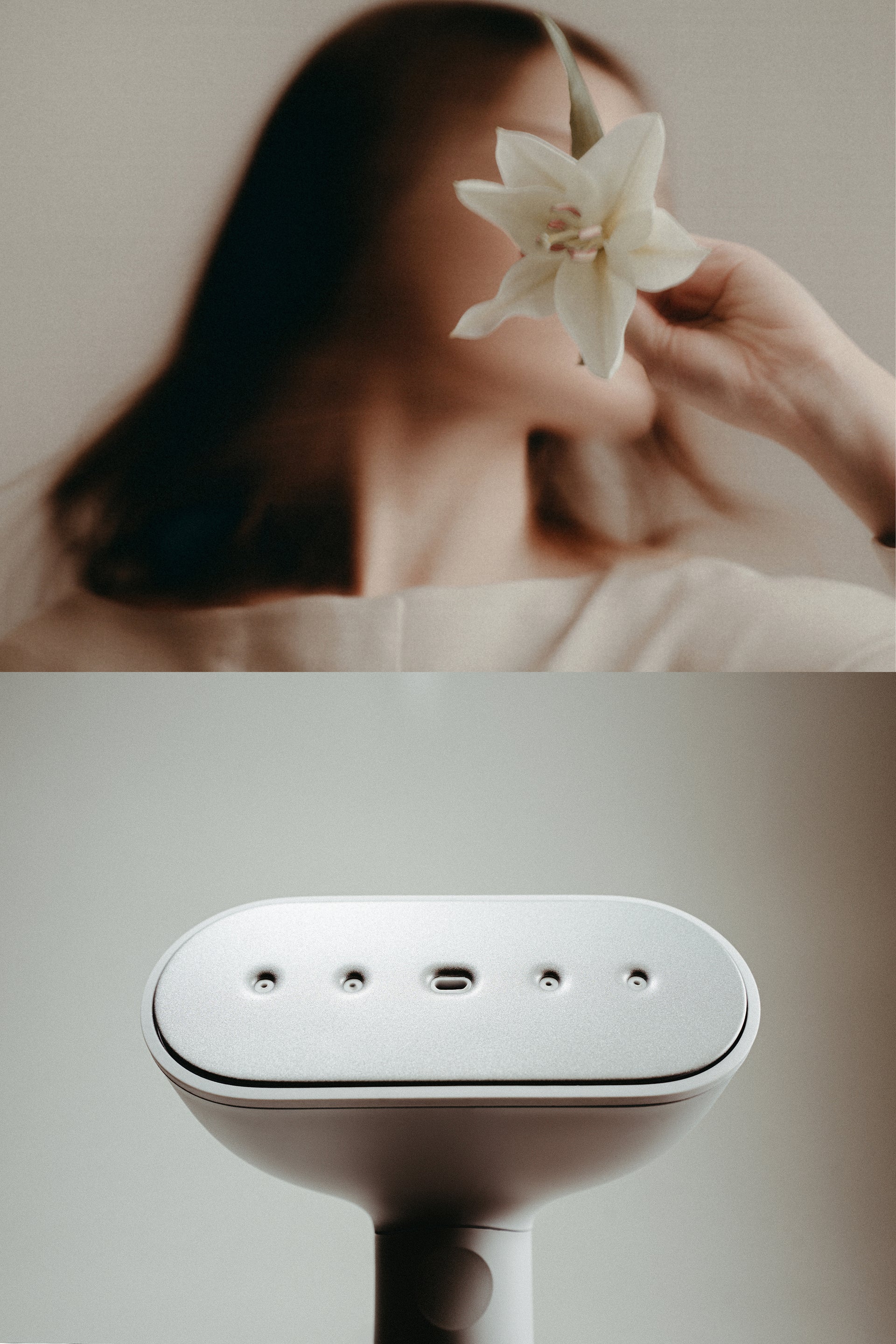 Person holding a white flower with a blurred background, followed by a close-up of a white handheld steamer.