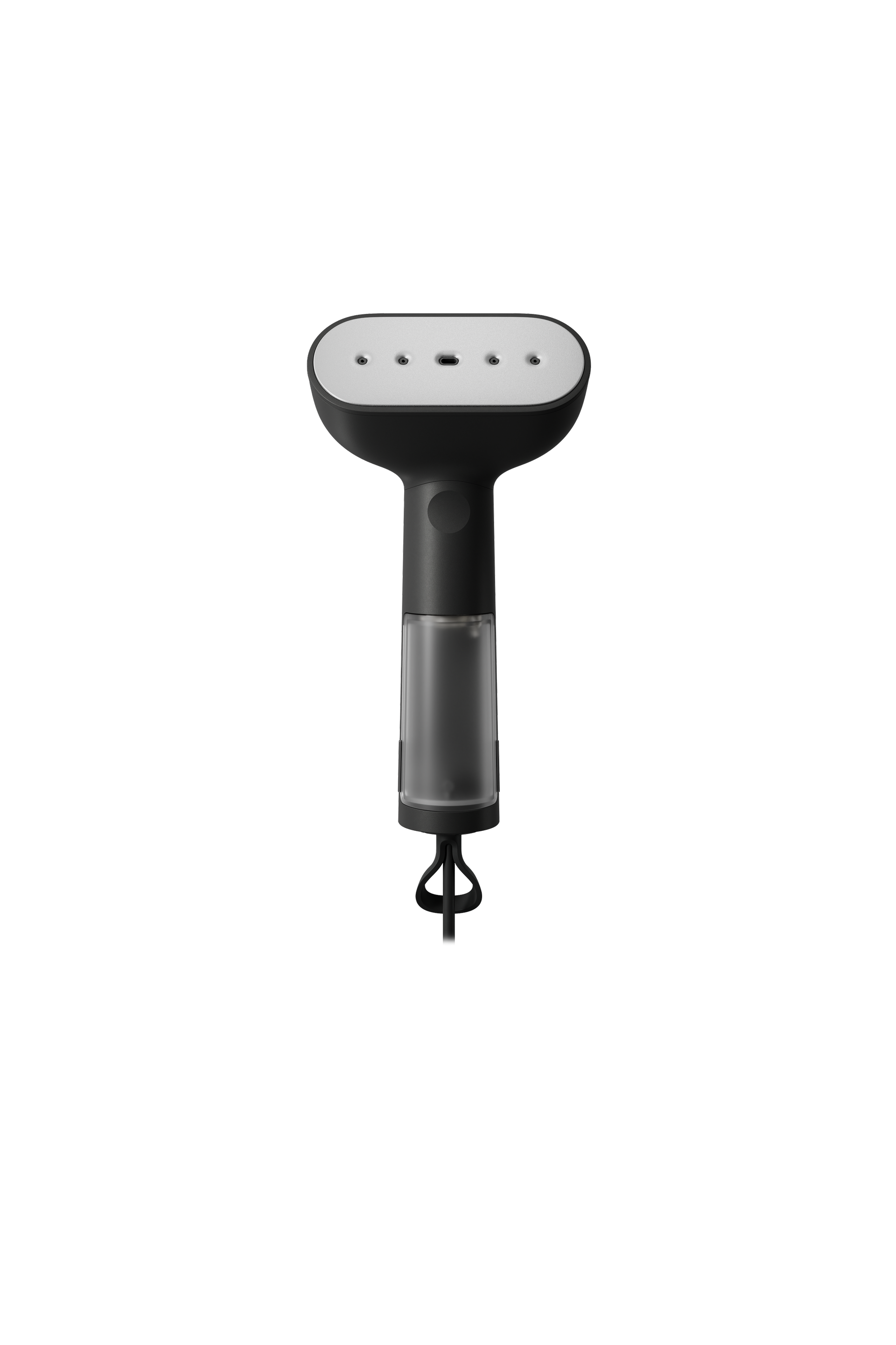 Black handheld steamer on a white background