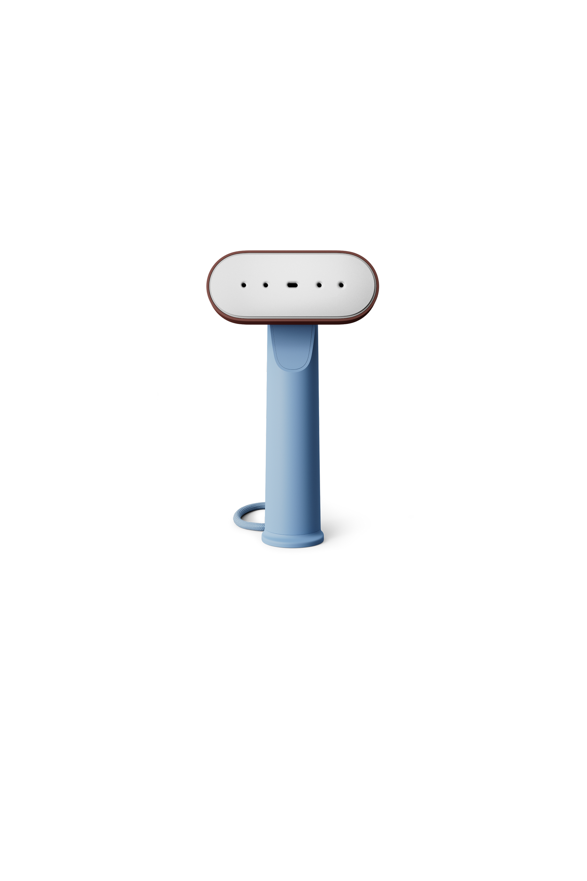 Blue with red head handheld steamer on a white background