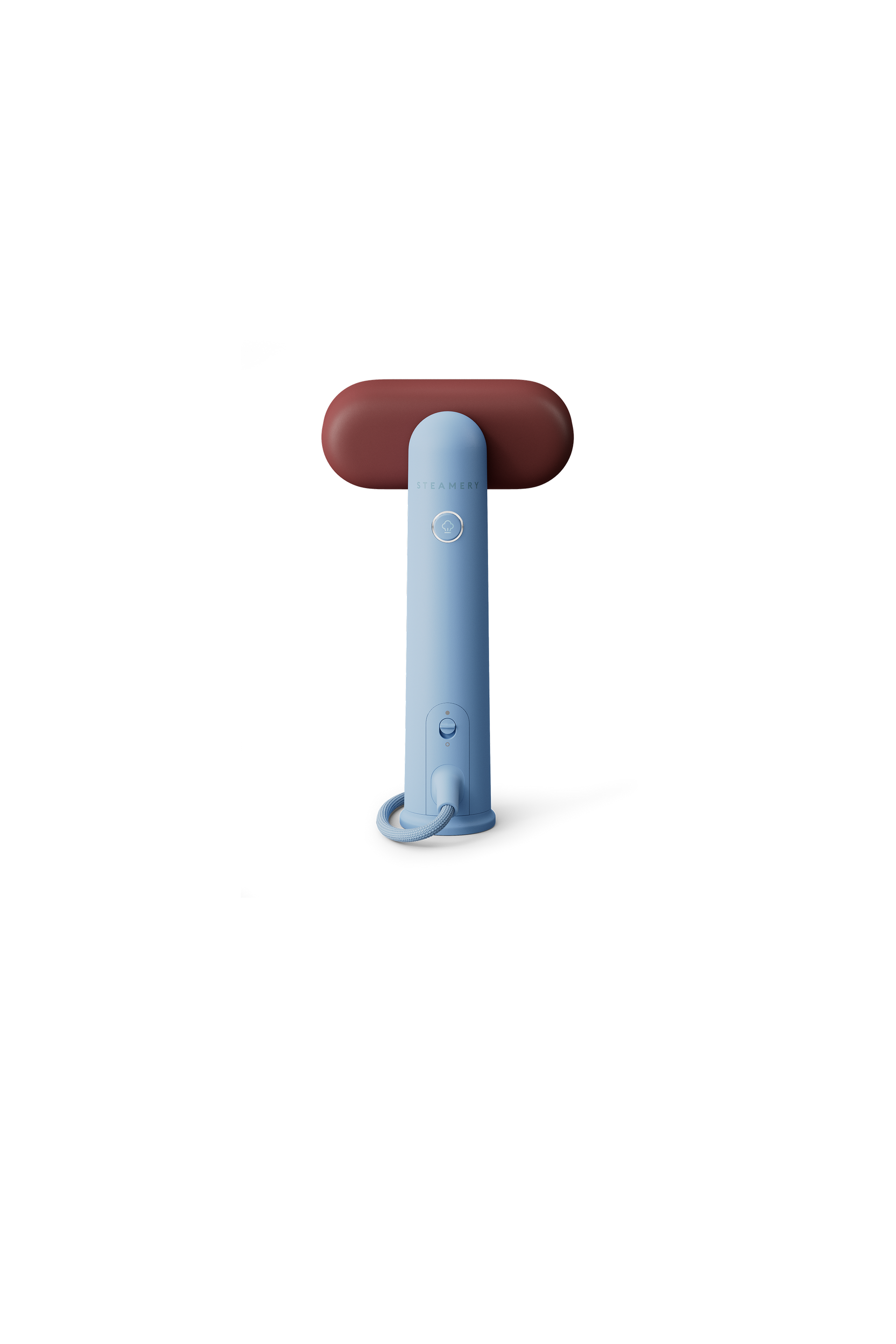 Blue with red head handheld steamer on a white background