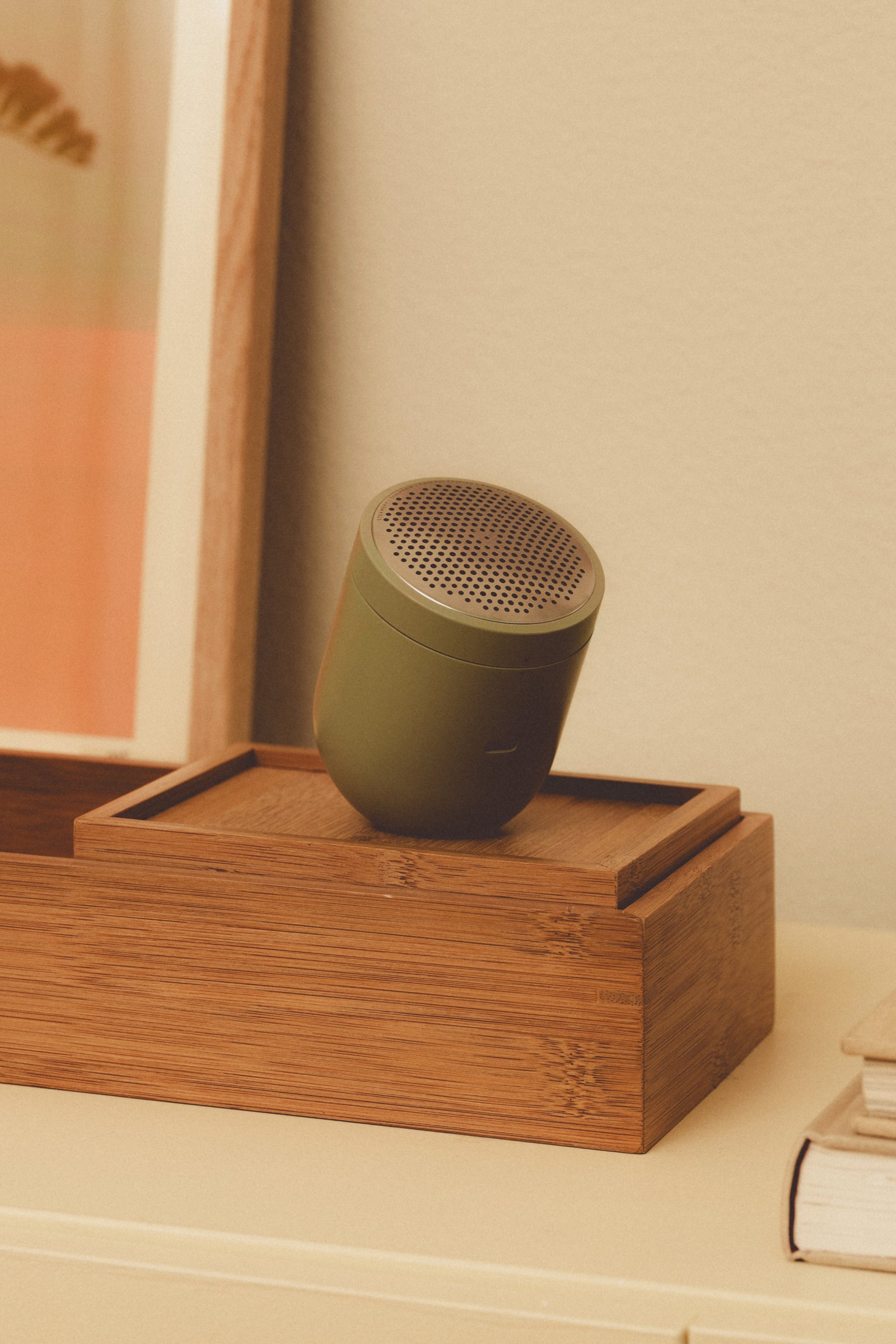 Green fabric shaver on a wooden stand with a neutral background