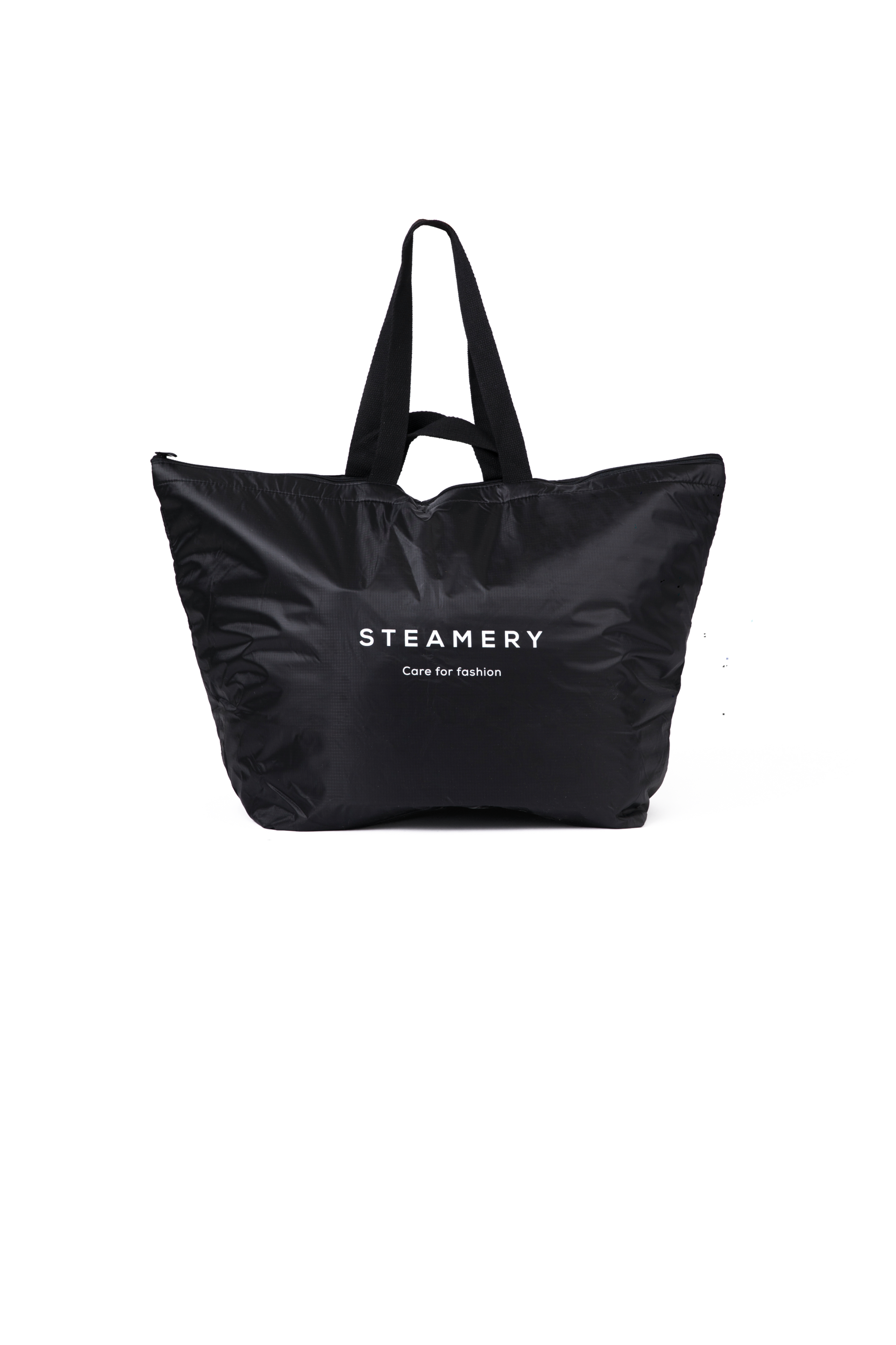 Black tote bag with 'Steamery' logo on a white background
