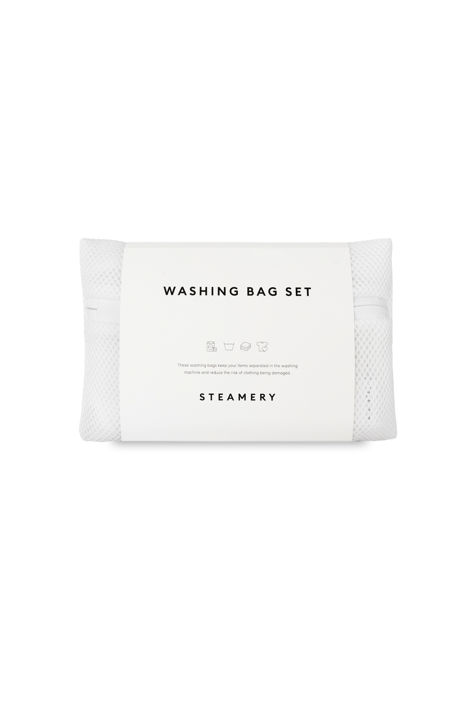 White washing bag set with 'Steamery' branding on a white background