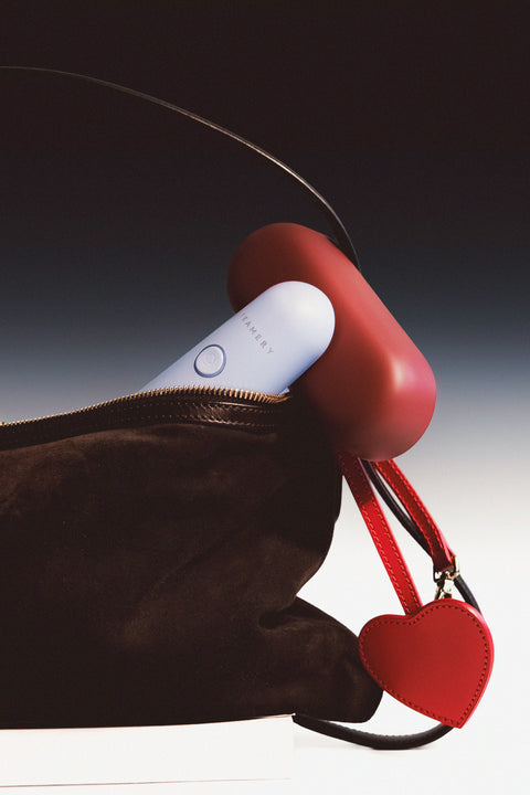 Blue travel steamer inside a brown handbag