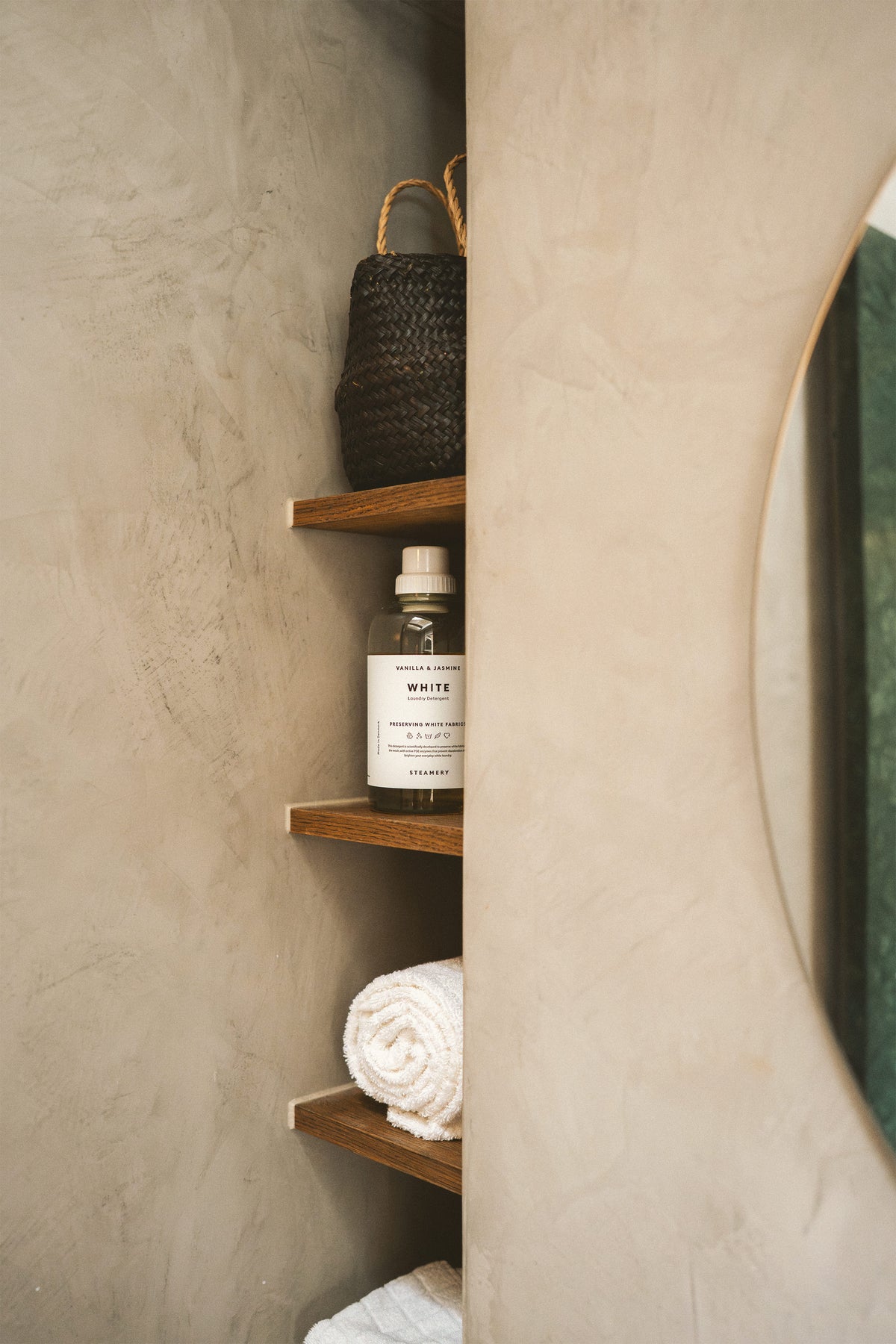 Detergent on a bathroom shelf