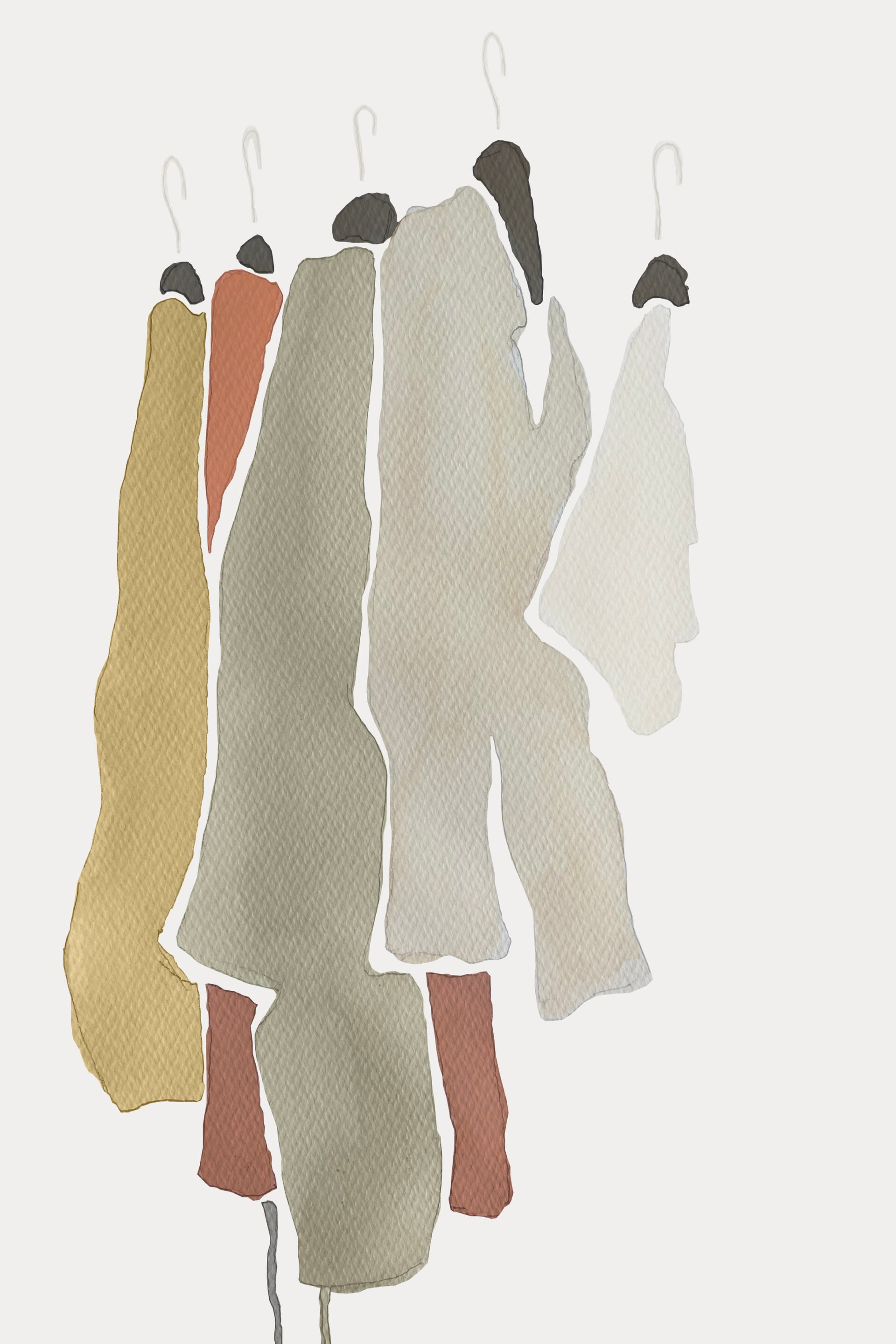 Illustration of a Set of colorful knitted garments hanging on a rack against a white background