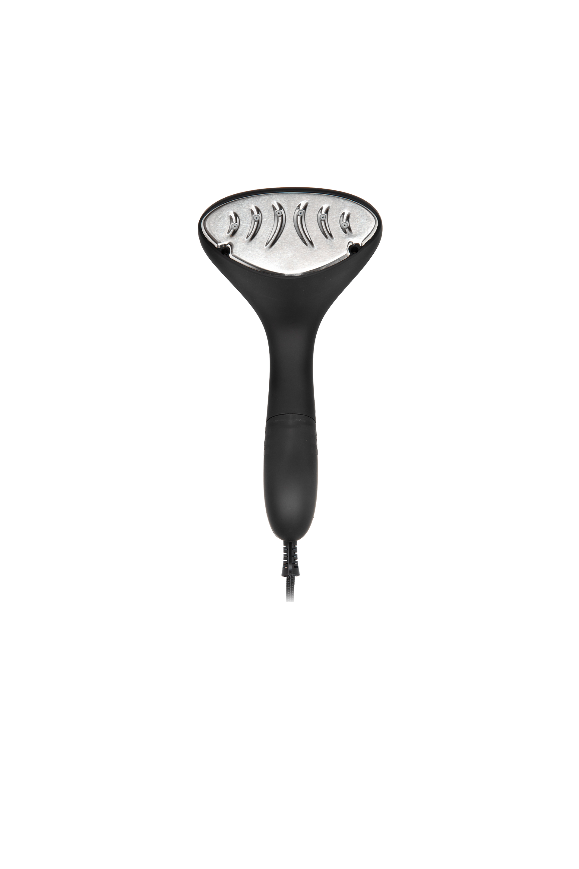 Black handheld steamer on a white background