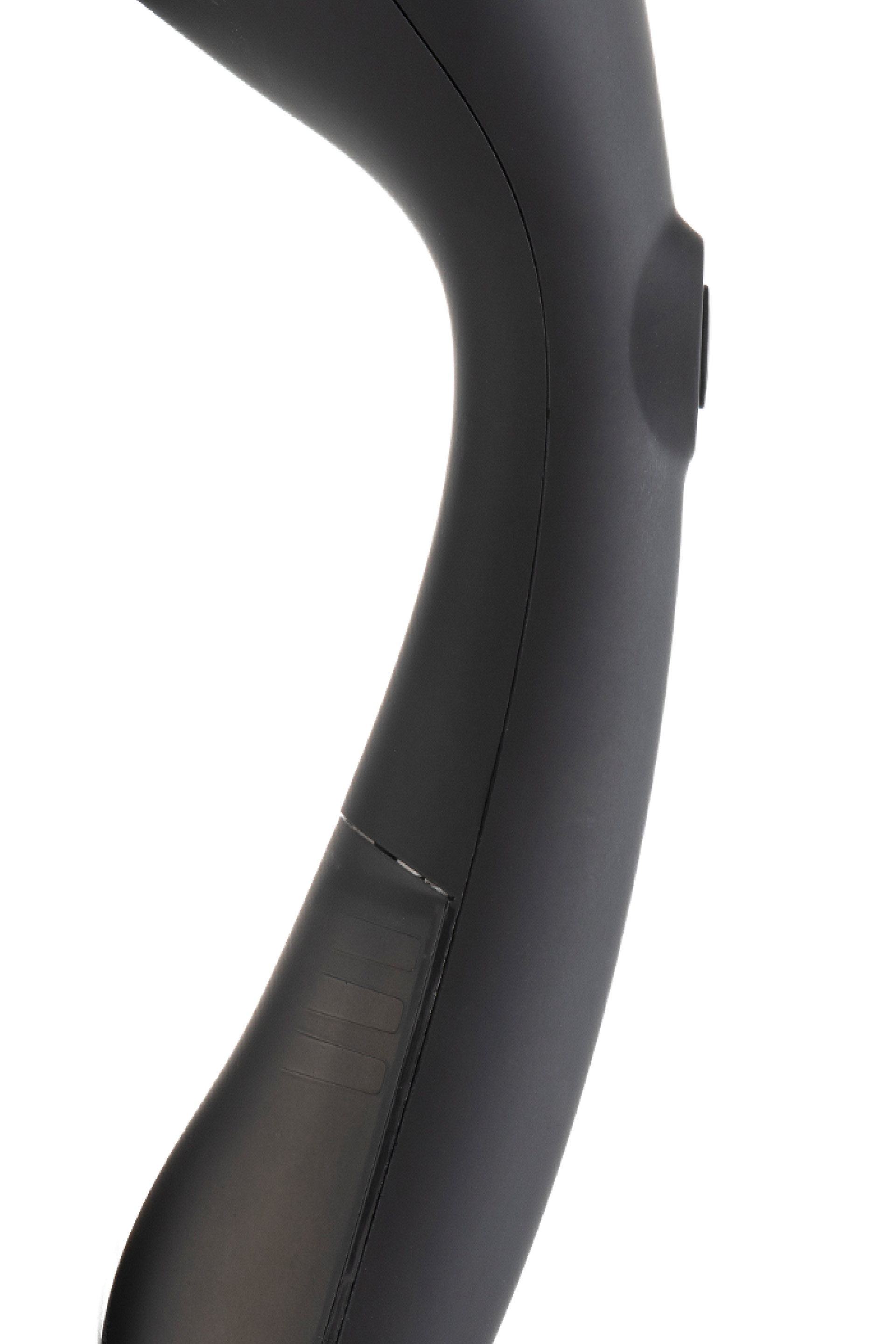 Close-up of a black handheld steamer on a white background