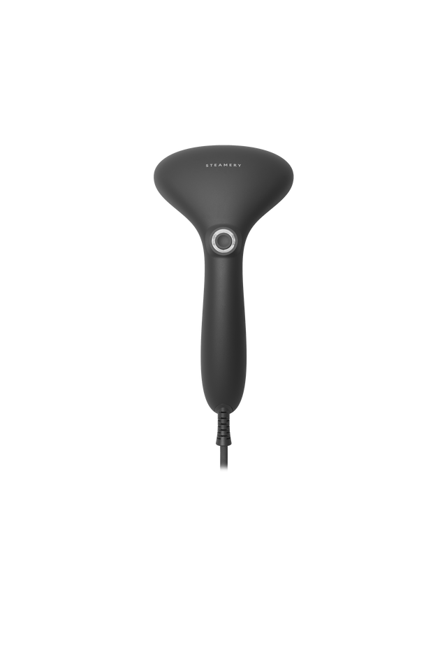 Black handheld steamer on a white background