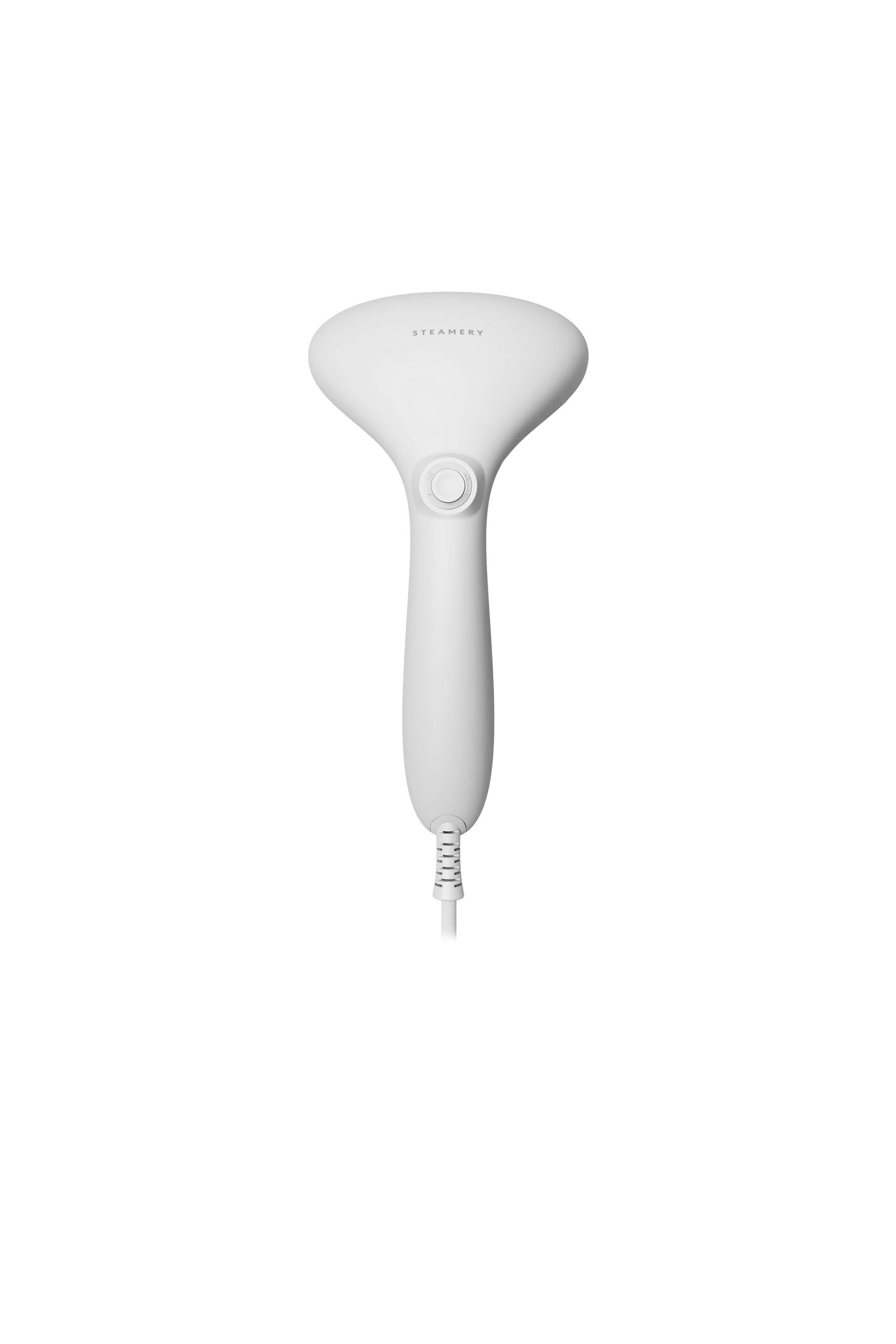 White handheld steamer on a white background