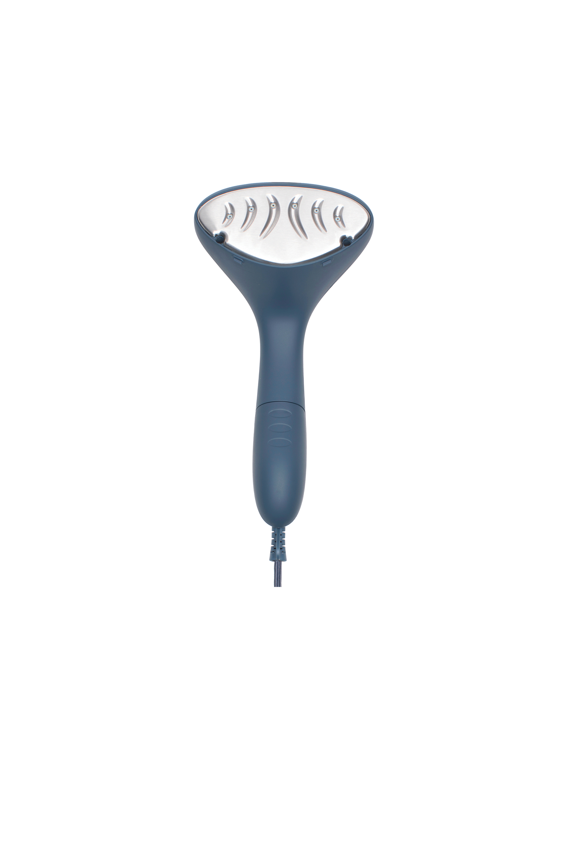 Blue handheld steamer on a white background