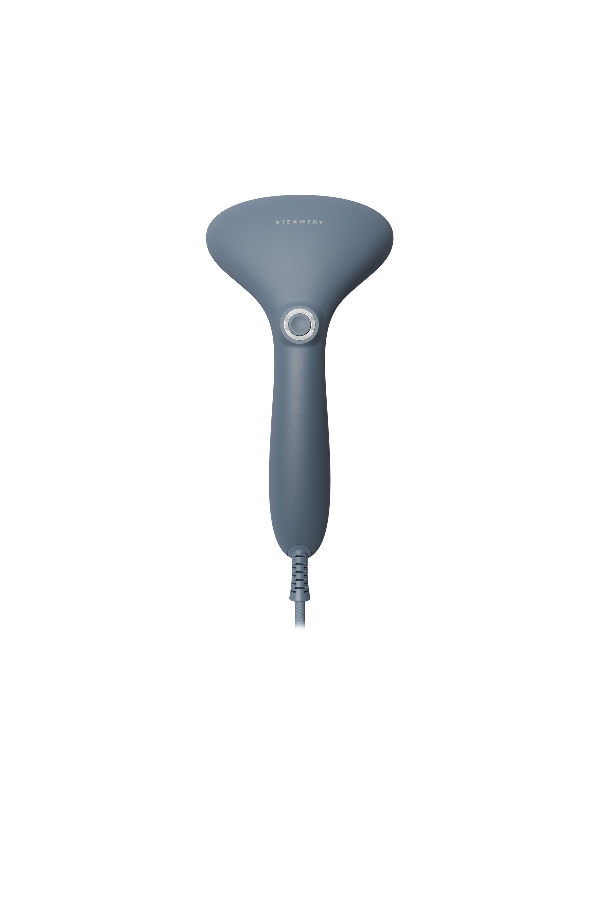 Blue handheld steamer on a white background