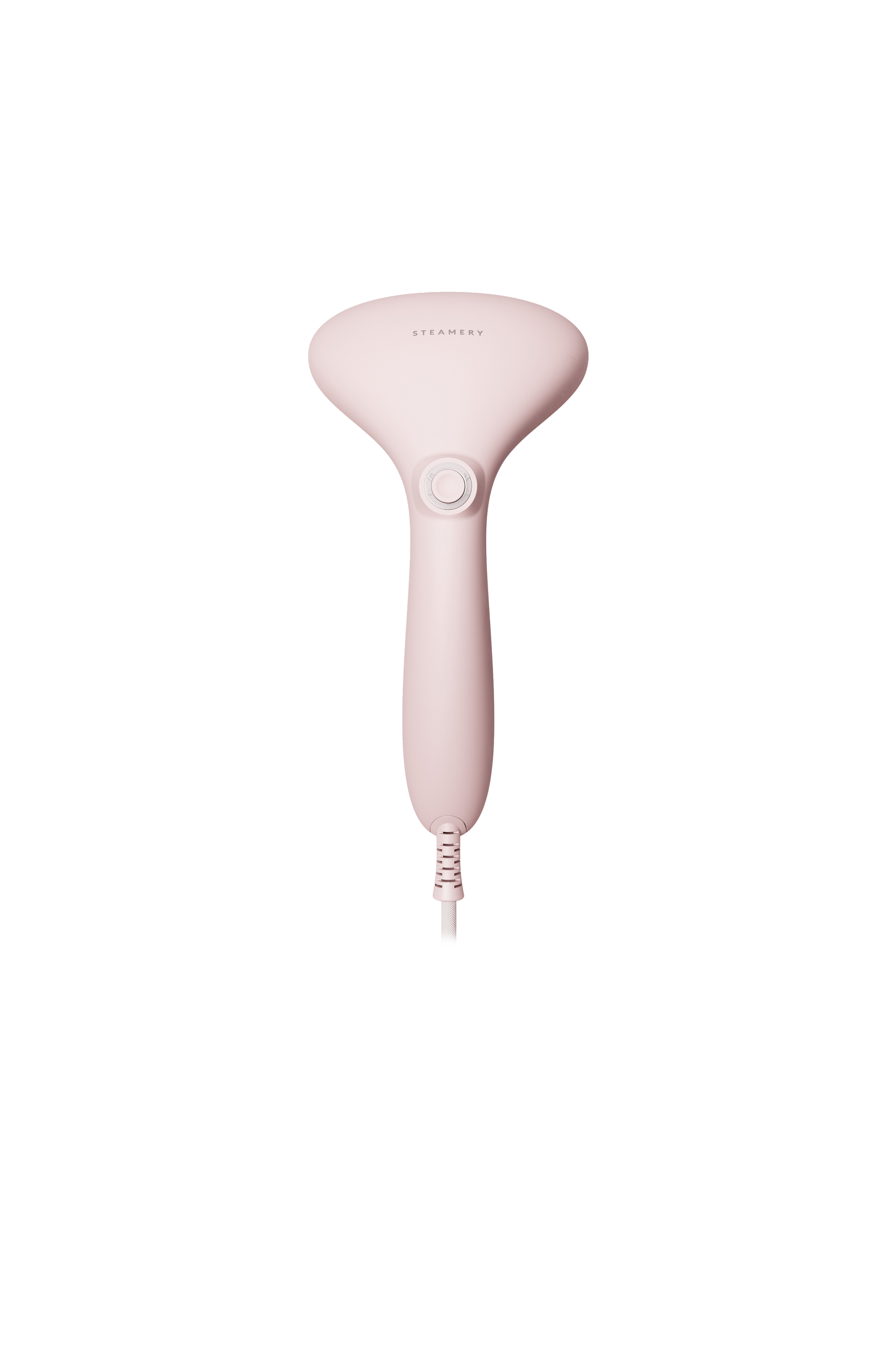 Pink handheld steamer on a white background