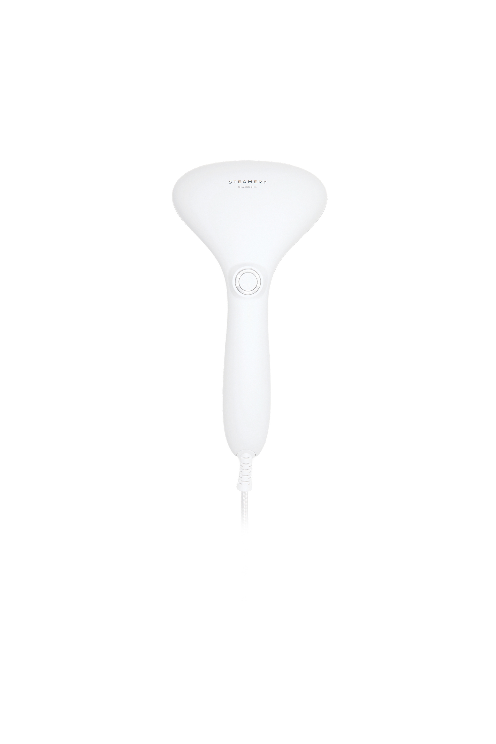 White handheld steamer on a white background