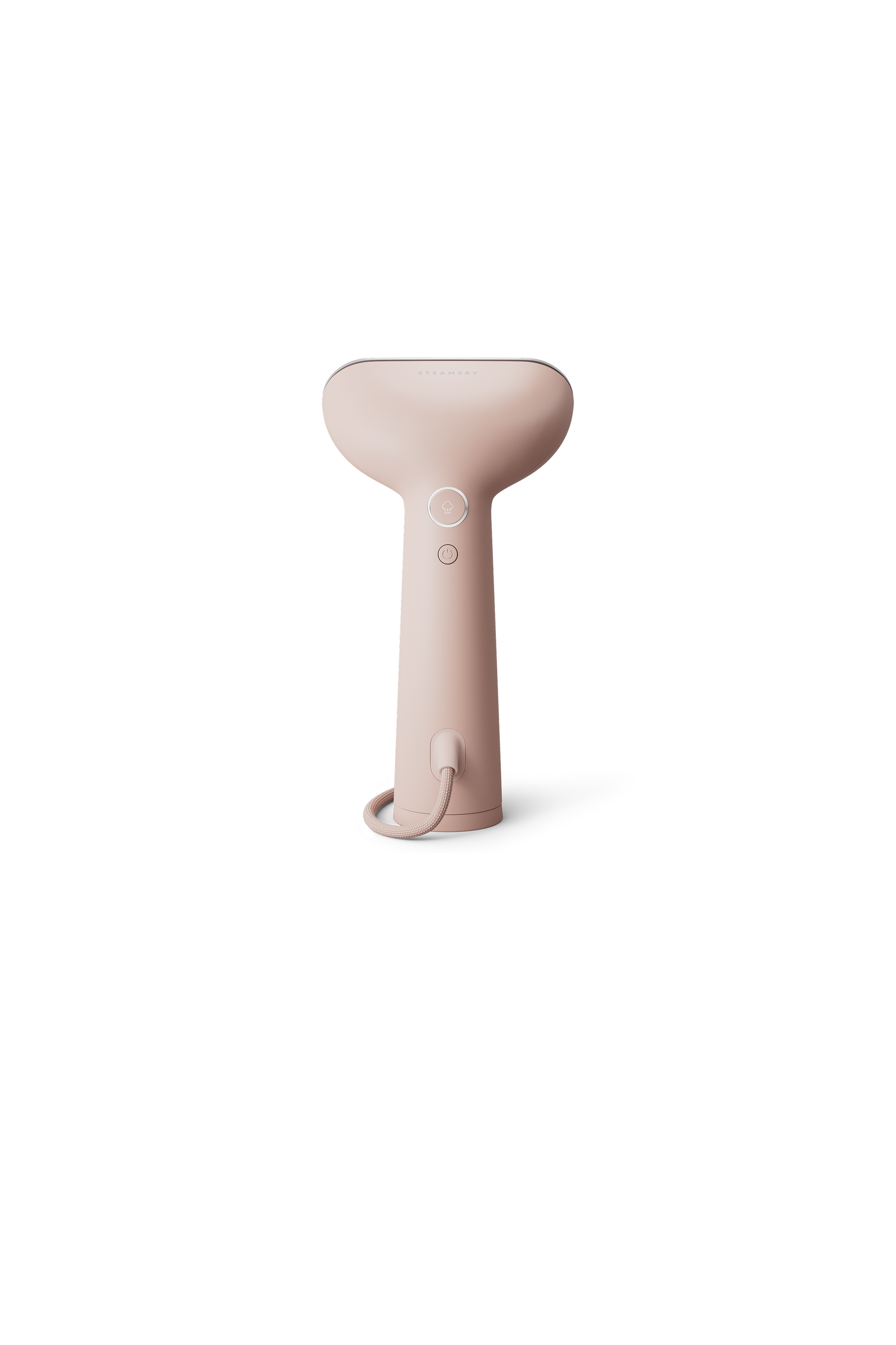 Pink handheld steamer on a white background