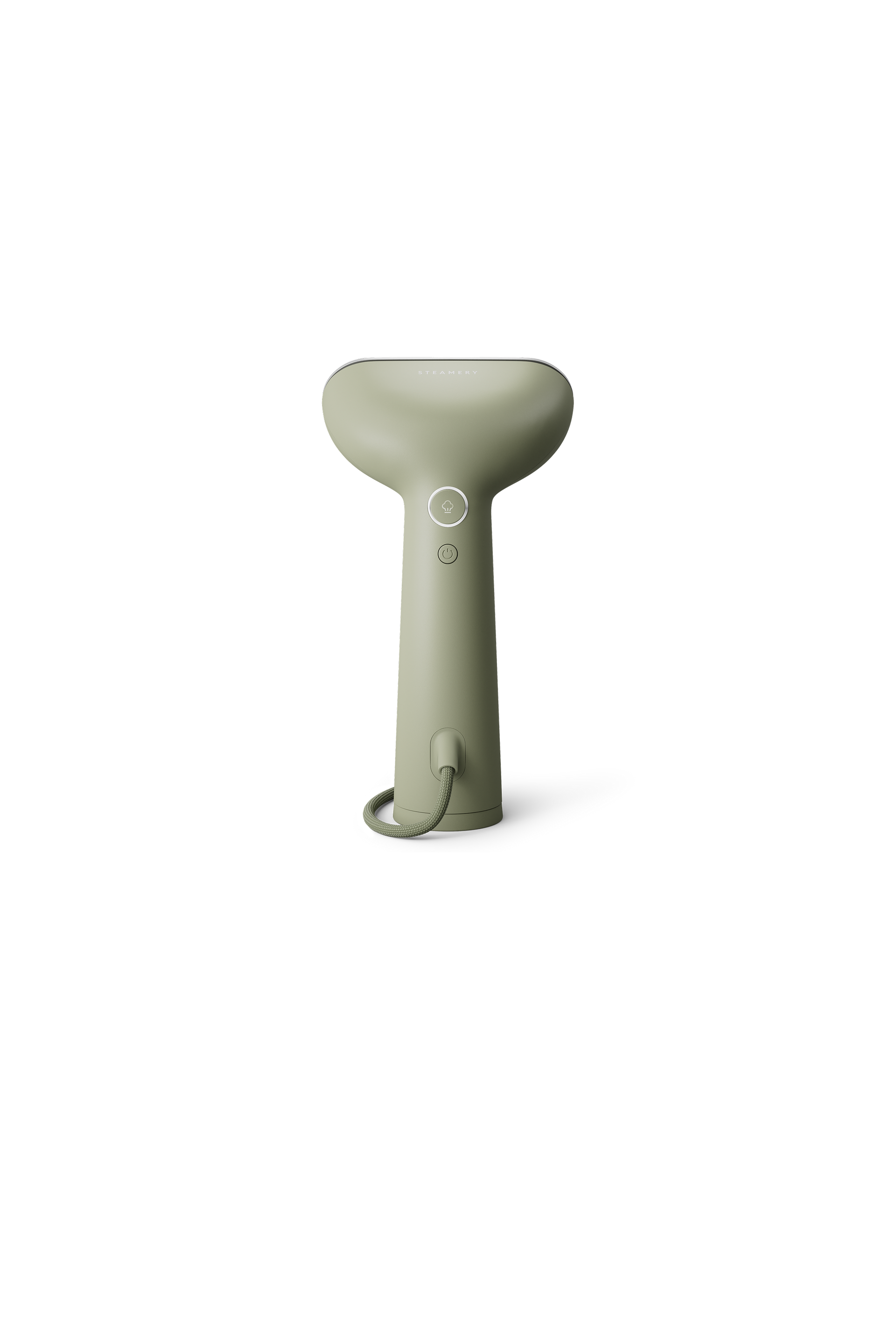 Light green handheld steamer on a white background