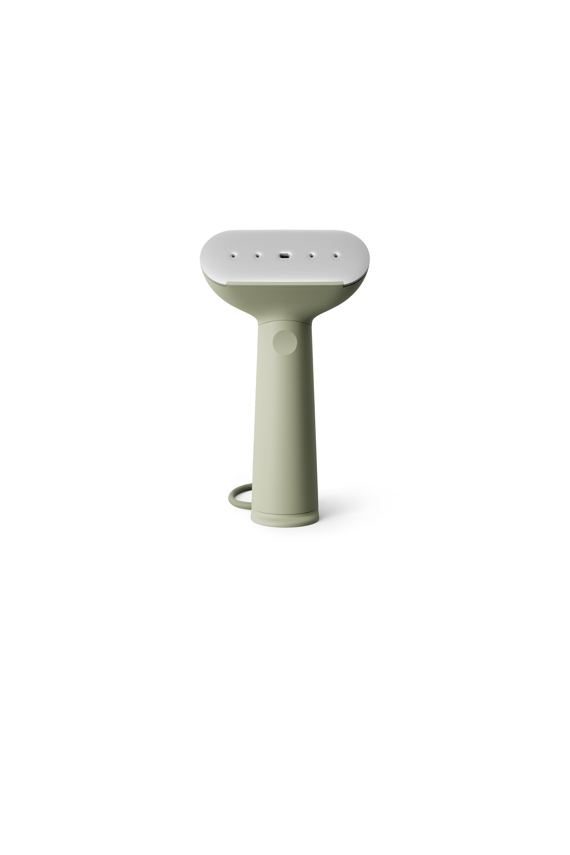 Light green handheld steamer on a white background