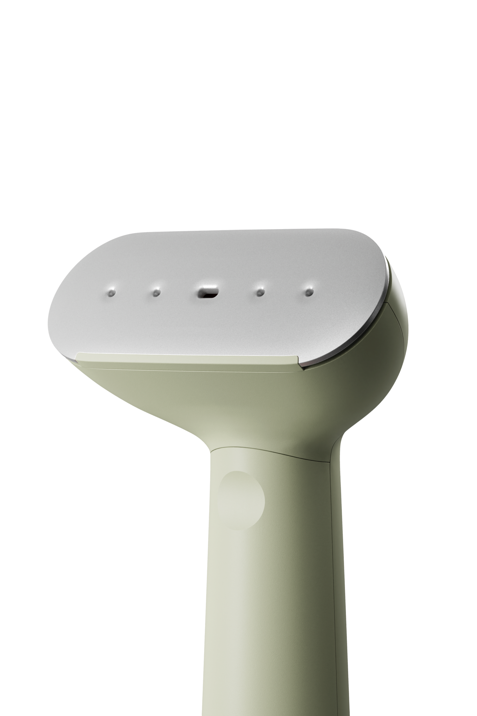 Light green handheld steamer on a white background
