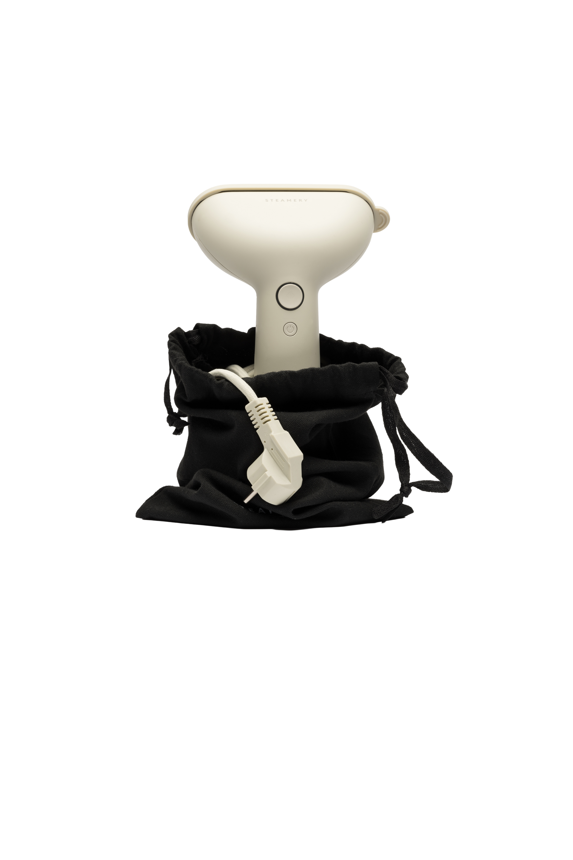White handheld steamer with a black drawstring bag on a white background