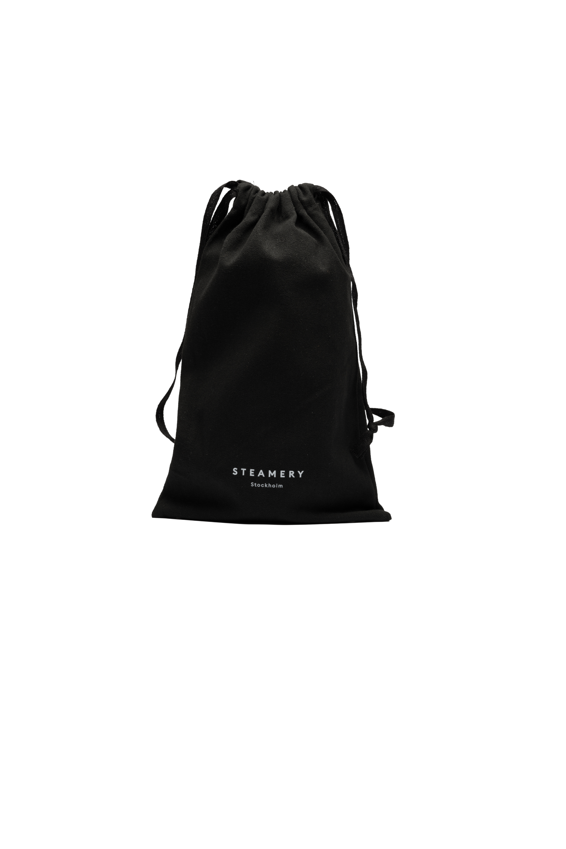 Black drawstring bag with 'Steamery' branding on a white background