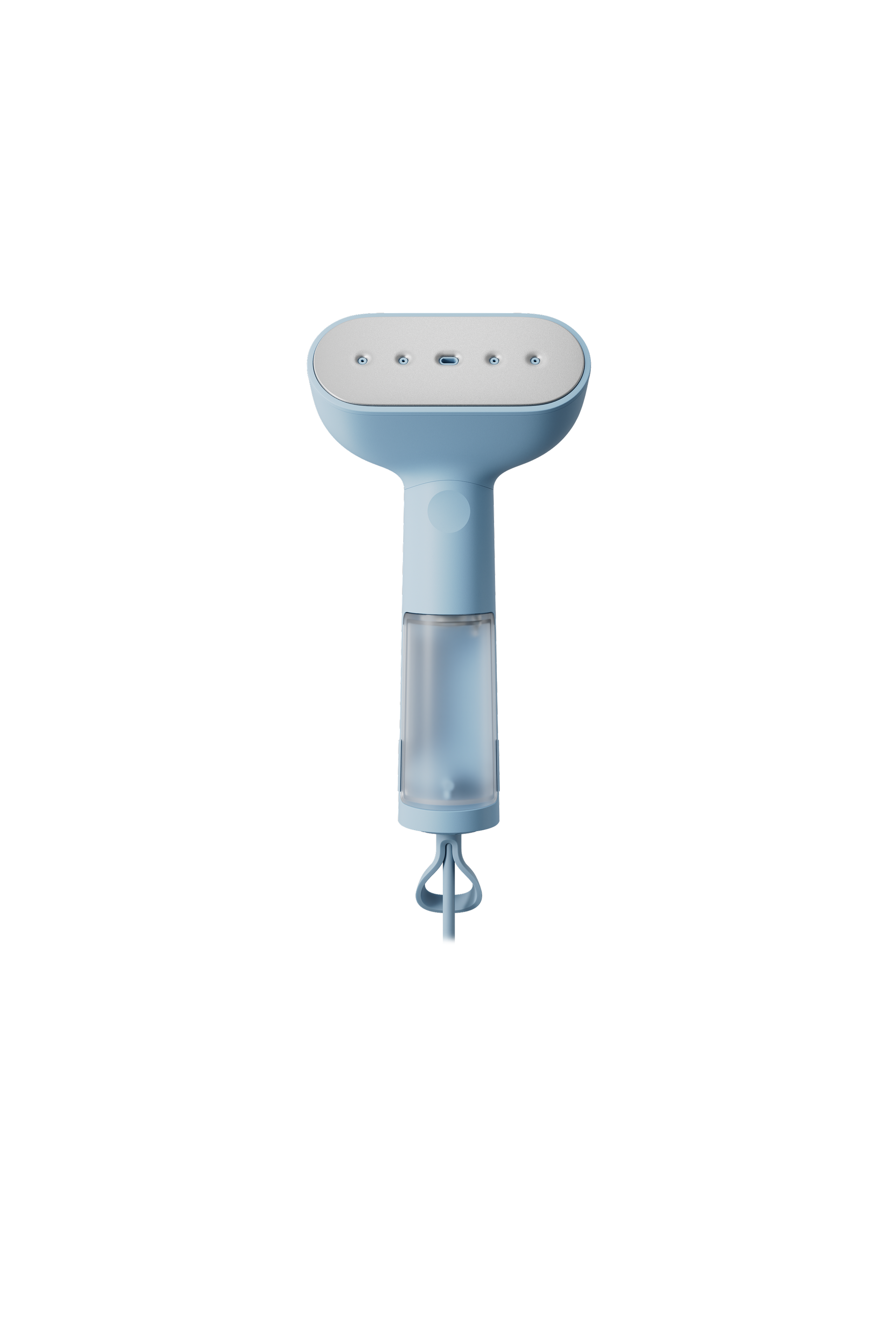 Blue handheld steamer on a white background