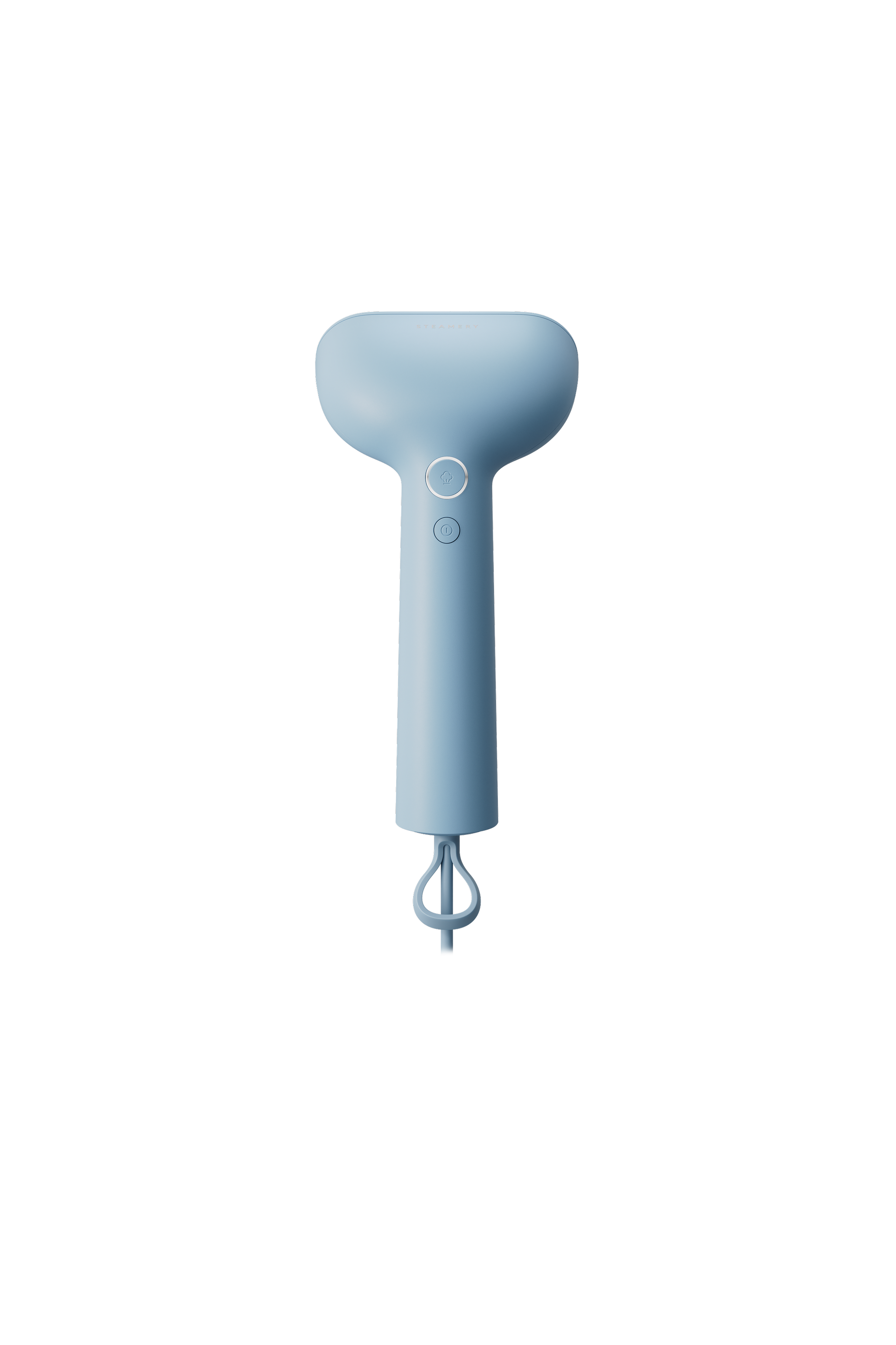 Blue handheld steamer on a white background
