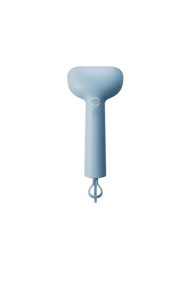 Blue handheld steamer on a white background