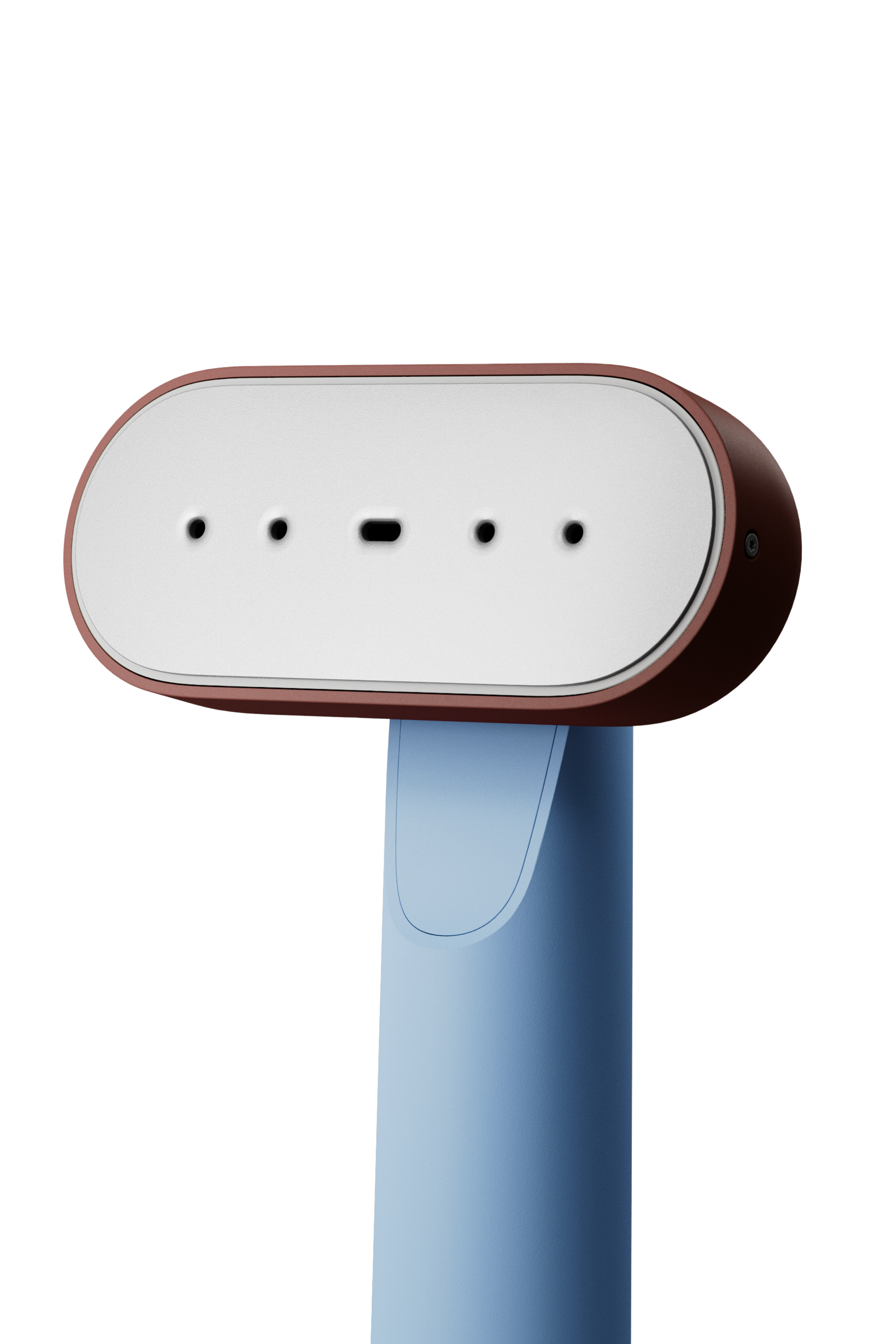 Blue with red head handheld steamer on a white background