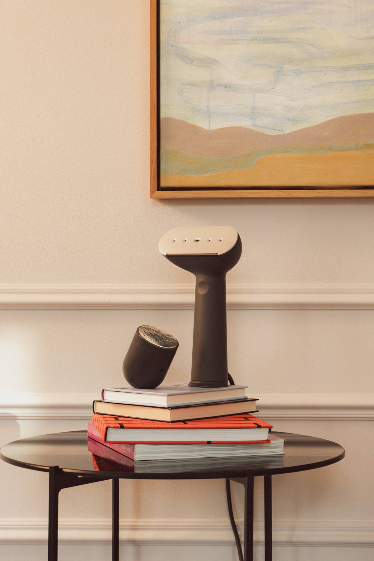 Black steamer and fabric shaver duo on a stack of books on a table