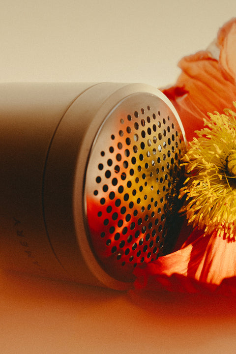 Close-up of a red poppy flower with a fabric shaver on a neutral background